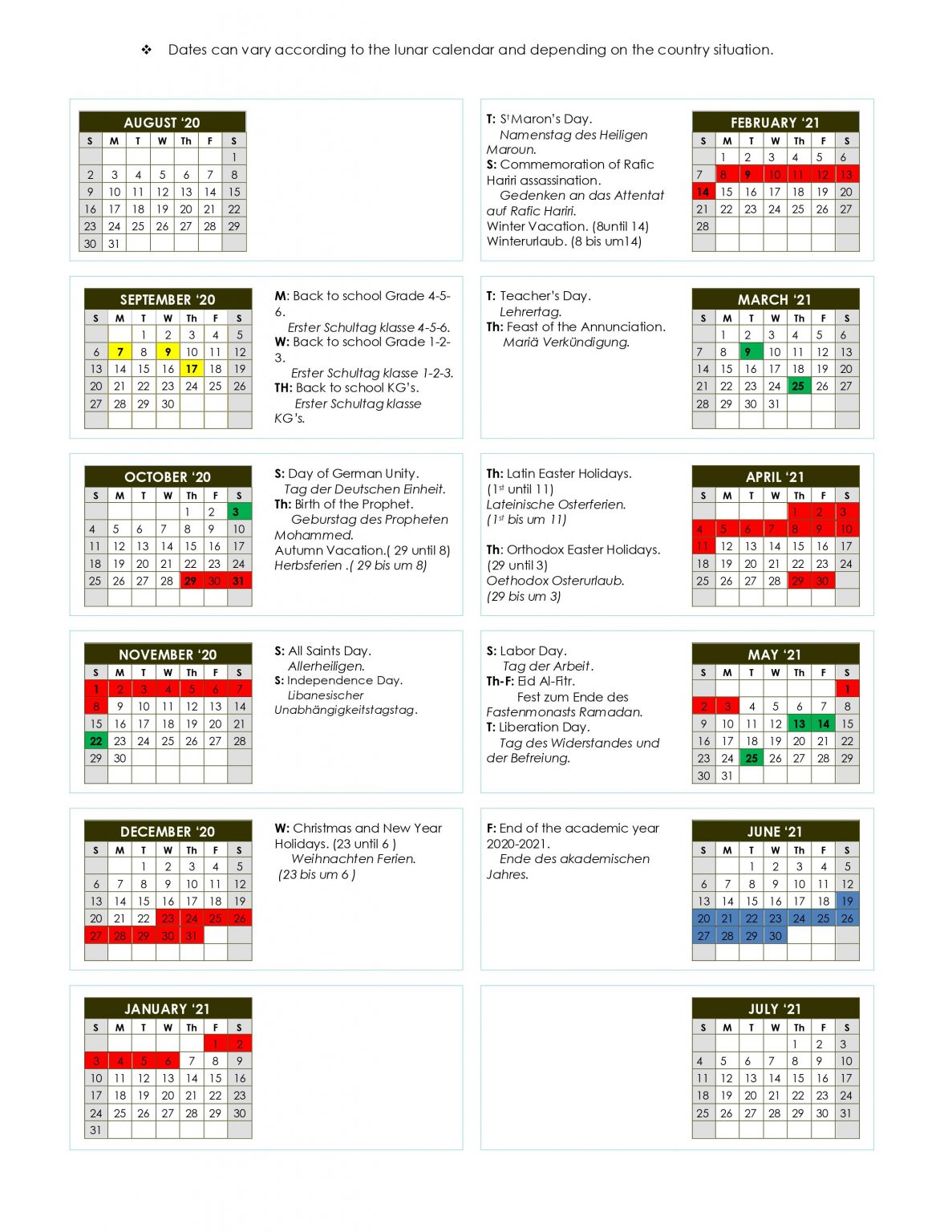Calendar - YGS - School